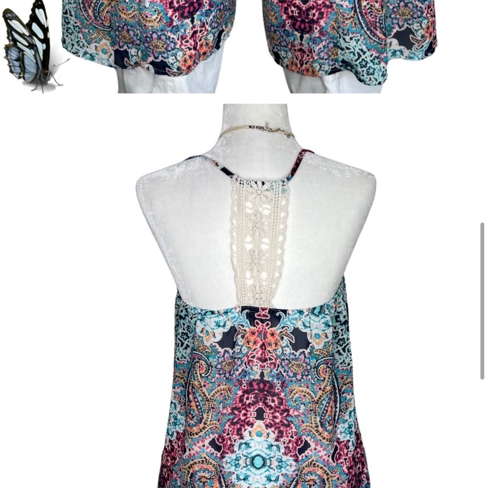 Maurices Boho Chiffon Paisley Crochet T Back Tank Top Blue Pink Peach Medium M